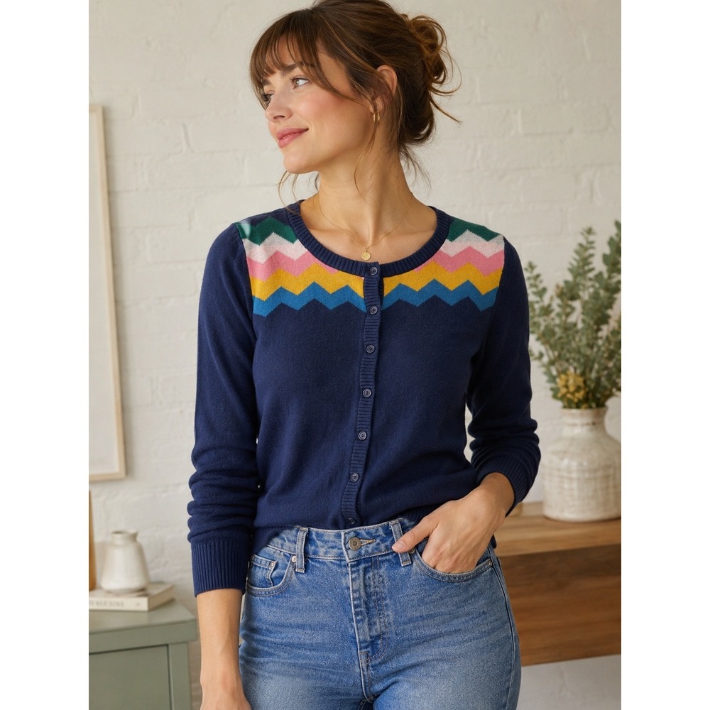 ModCloth Cardigan Rainbow Chevron Zigzag Sweater Navy Blue Size XL Retro Knit